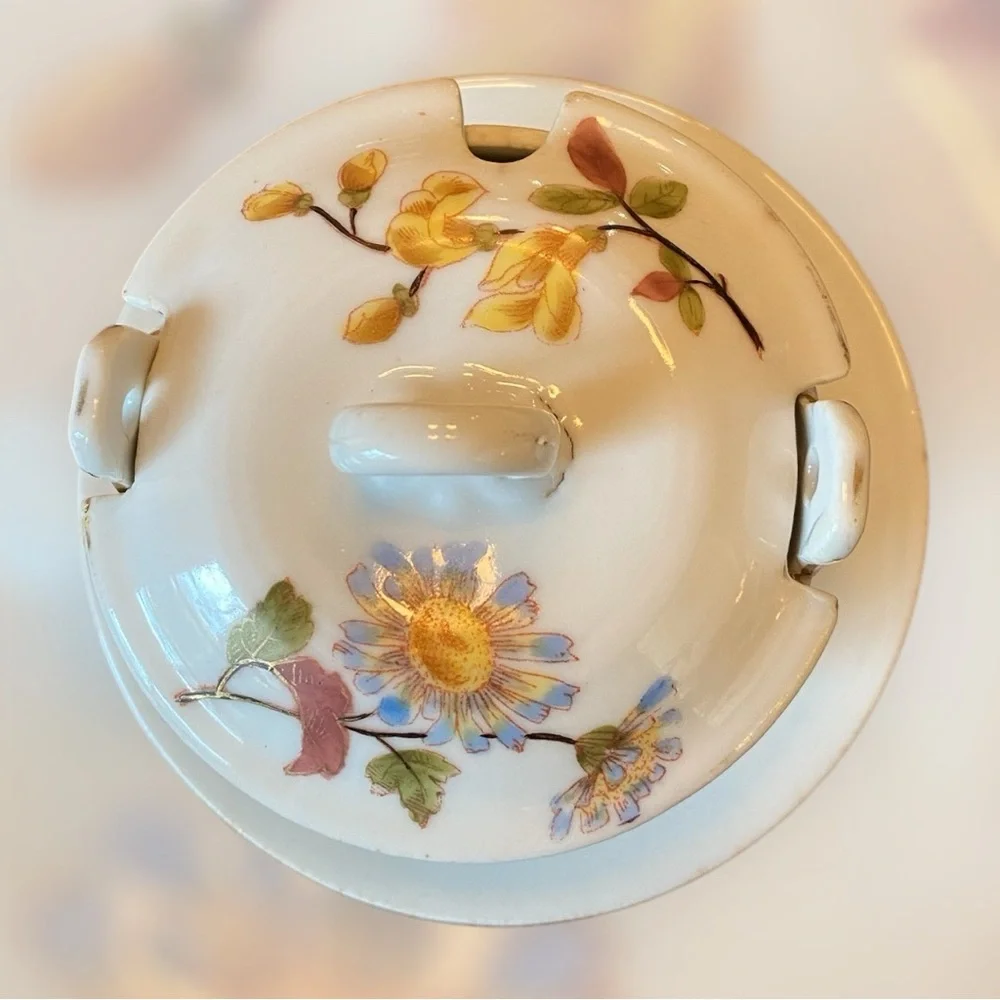 Antique Marx & Gutherz Carlsbad Austria Porcelain Sugar Bowl Lid Saucer Flower